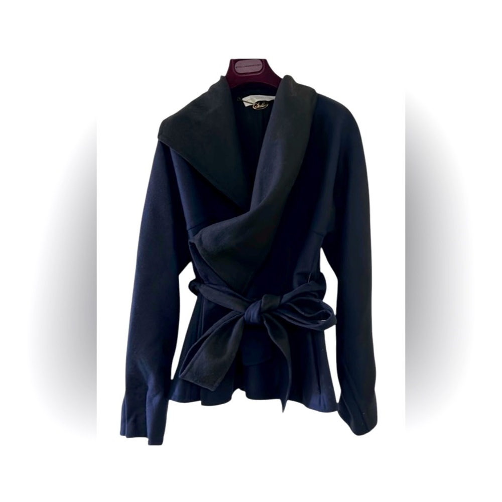 2005 Stella McCartney navy blue & black asymmetrical collar peplum coat, M/L